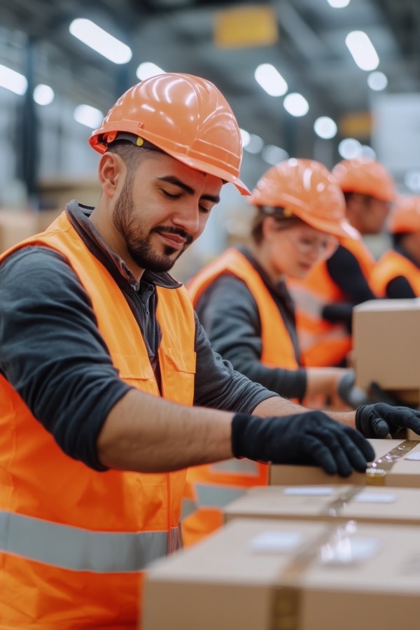 Trabajadores con cascos naranja y chalecos reflectivos empacando cajas